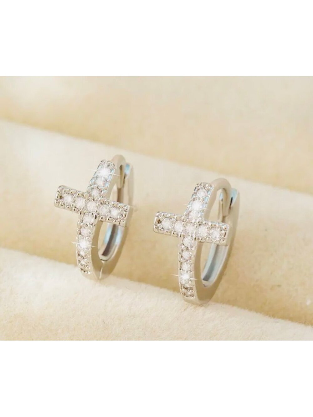 New - Retro Style Cross Huggie Hoop Zirconia Earrings